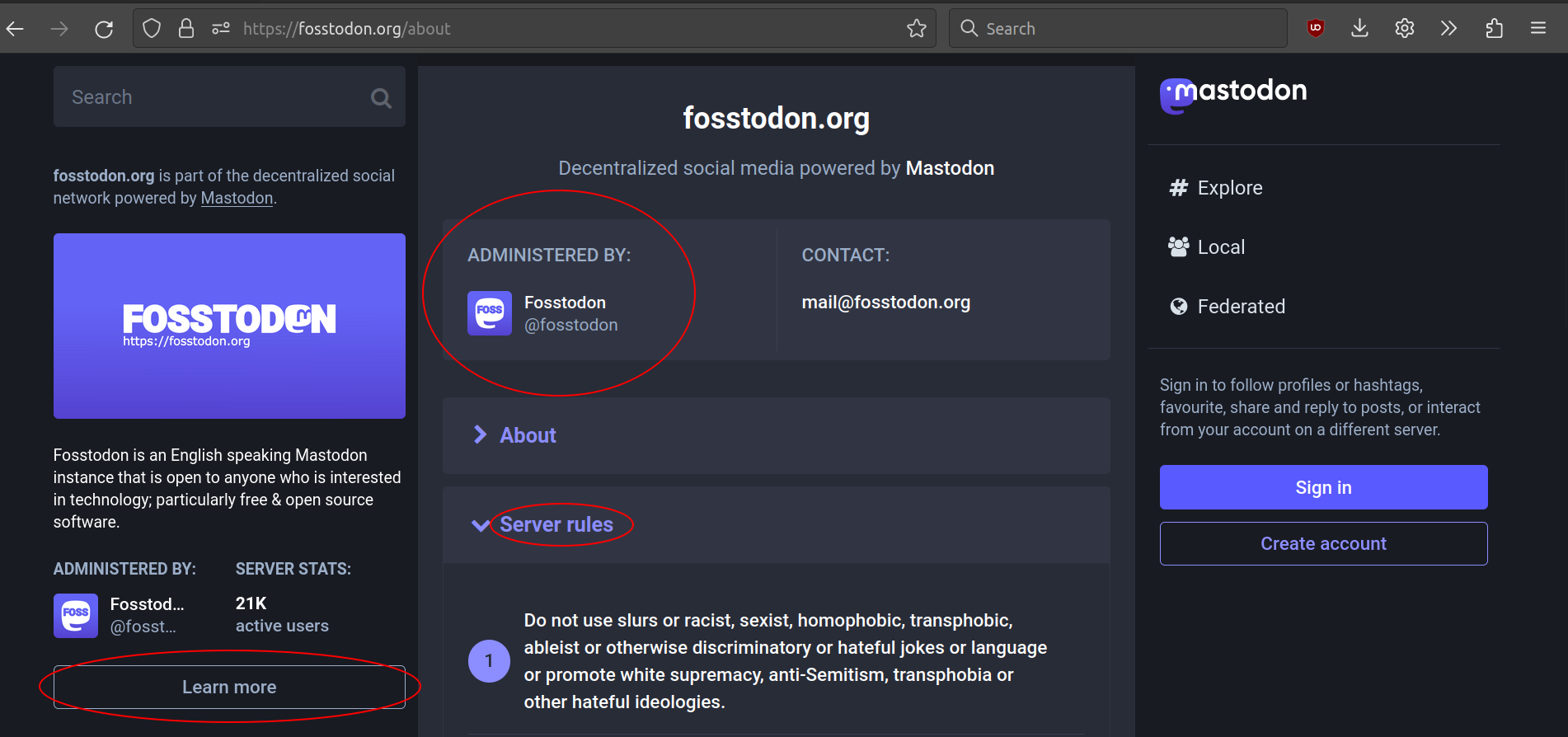 Screenshot from Fosstodon showing the location of the server rules and admin information